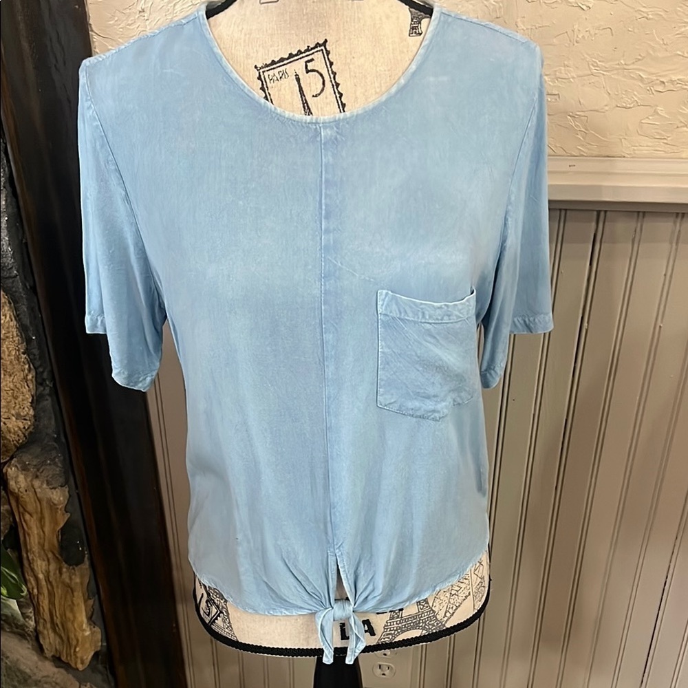 Sky Blue Relaxed Tie Front Blouse
